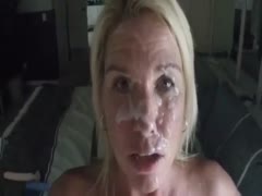 with an amateur film, a dirty, golden-haired woman has her face covered with sex cream.